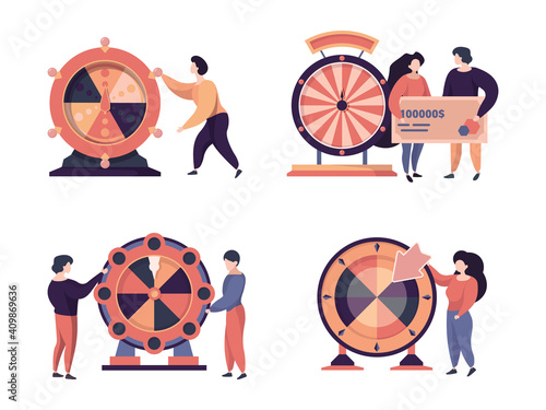 Fortune wheels characters. Happy people playing in gambling games bingo lottery garish vector stylized concept illustrations. Illustration win and play with fortune