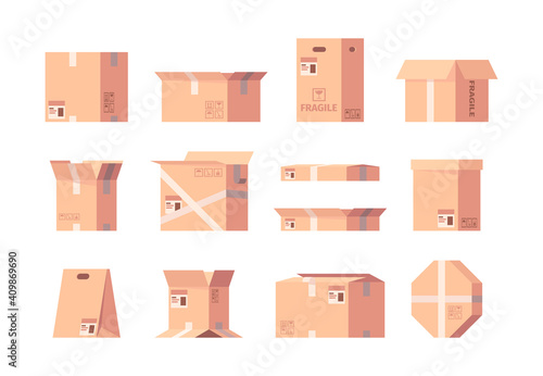 Delivery boxes. Cardboard containers cargo boxes in flat style garish vector postal symbols. Container delivery box, package cardboard transportation illustration