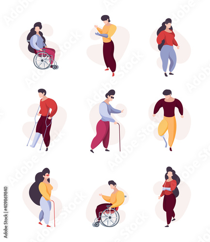 Disabled person. Crutches person pensioner medical patient unhealthy people with damaged body parts garish vector characters. Support assistance, healthcare special, disable people illustration