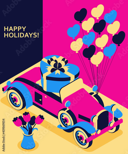 Retro car convertible with gift box heart shape and many balloons. Bouquet of tulips in vase. Vintage car from 30s in pink color. Greeting card for a holiday like birthday, Valentines Day, Womens Day