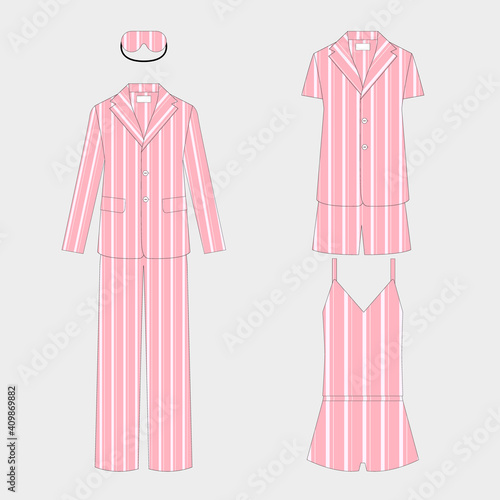 Women's sleepwear. Home clothes. Modern stylish pajamas. Trendy clothing. Sleep mask. Vector illustration