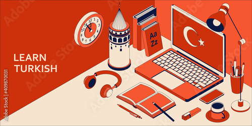 Learn Turkish language isometric concept with open laptop, books, headphones, and coffee. Vector illustration photo
