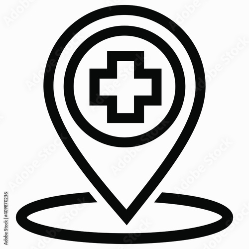 Hospital location icon. Pharmacy location. Location of the medical facility. Doctor's coordinates. Vector icon.