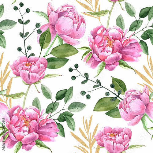 seamless pattern flowers watercolor tender pink peonies, floral background hand painted on a white background. for wedding invitations, decor and design