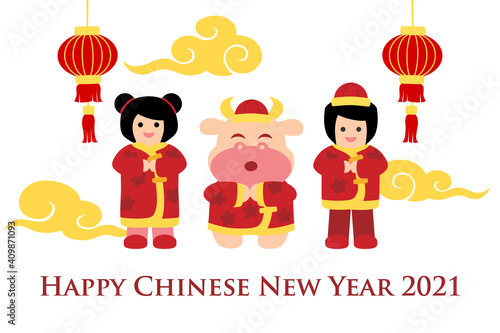 Chinese new year card with boy, girl and ox - colorful