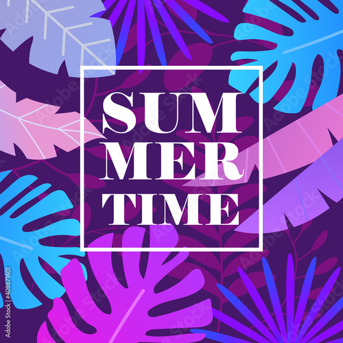 Tropical frame with dummy text Summer time.Template for invitations, greeting cards, flyers etc. Neon dark theme. Leaves and folliage. Monstera, palm, bush etc. Vector illustration.