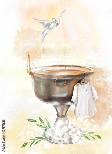Fotografiet illustration a metal font in a church for the baptism of children and a white baptismal shirt