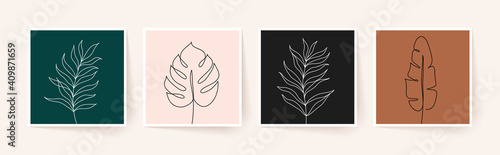 One line drawing of tropical palm leaves. Modern single line art. Vector illustration.