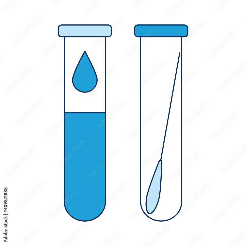 Two vials of blood and biomaterial. Test for COVID-19. Suitable for a medical poster in shades of blue. Vector illustration in the style of a flat icon isolated on a white background Two vials of blood and biomaterial. Test for COVID-19. Suitable for a medical poster in shades of blue. Vector illustration in the style of a flat icon isolated on a white background