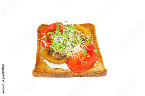 Green alfalfa sprouts,fresh tomatoes on toasted slices of wholegrain bread isolated on a white background