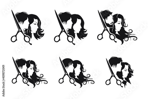 Hairdresser logo, Beauty salon logo with man and woman silhouettes, vector illustration.