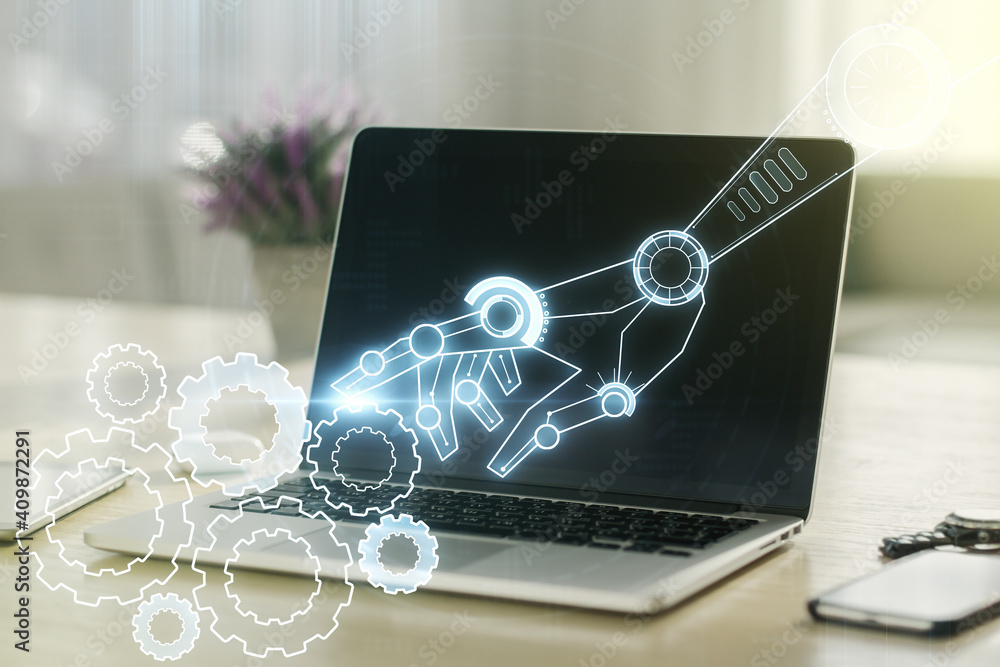 Fototapeta premium Creative abstract robotics technology sketch on modern laptop background, future technology and AI concept. Double exposure