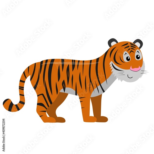 Fototapeta Naklejka Na Ścianę i Meble -  cute cartoon flat tiger from side, vector isolated on white, illustration for children