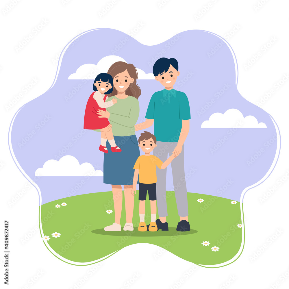 Four member family pose together in the park. Happy family concept. Flat vector cartoon style isolated.