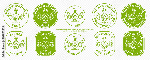Concept for product packaging. Labeling - no preservatives. Ingredient drop icon with synthetic E-preservative and wings - symbol of freedom from ingredient. Vector set.