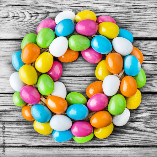 Easter eggs decoration against wooden background