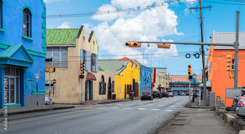 Cuadro en lienzo Traffic street and colorful buildings in city centre of Bridgetown, Barbados