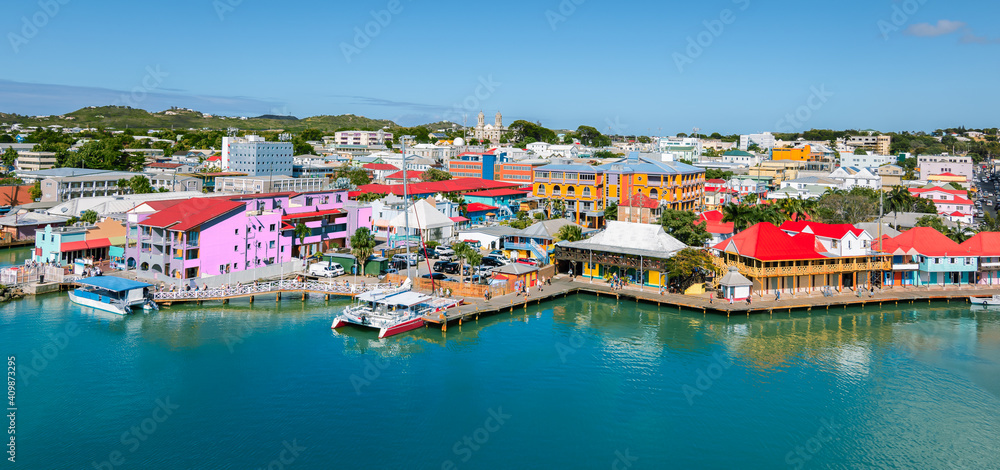 St John's, Antigua and Barbuda. Panoramic view of capital city, skyline and cruise port.