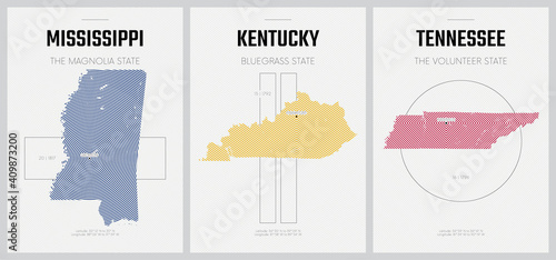 Vector posters detailed silhouettes maps of the states of America with abstract linear pattern, Division East South Central - Mississippi, Kentucky, Tennessee - set 11 of 17