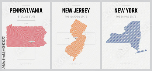 Vector posters detailed silhouettes maps of the states of America with abstract linear pattern, Division Mid-Atlantic - Pennsylvania, New Jersey, New York - set 3 of 17