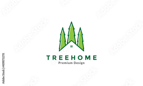green pine tree with home logo symbol icon vector graphic design illustration
