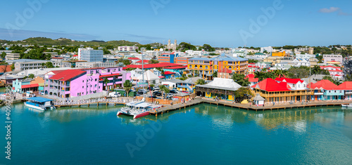 St John s  Antigua and Barbuda. Panoramic view of capital city  skyline and cruise port.