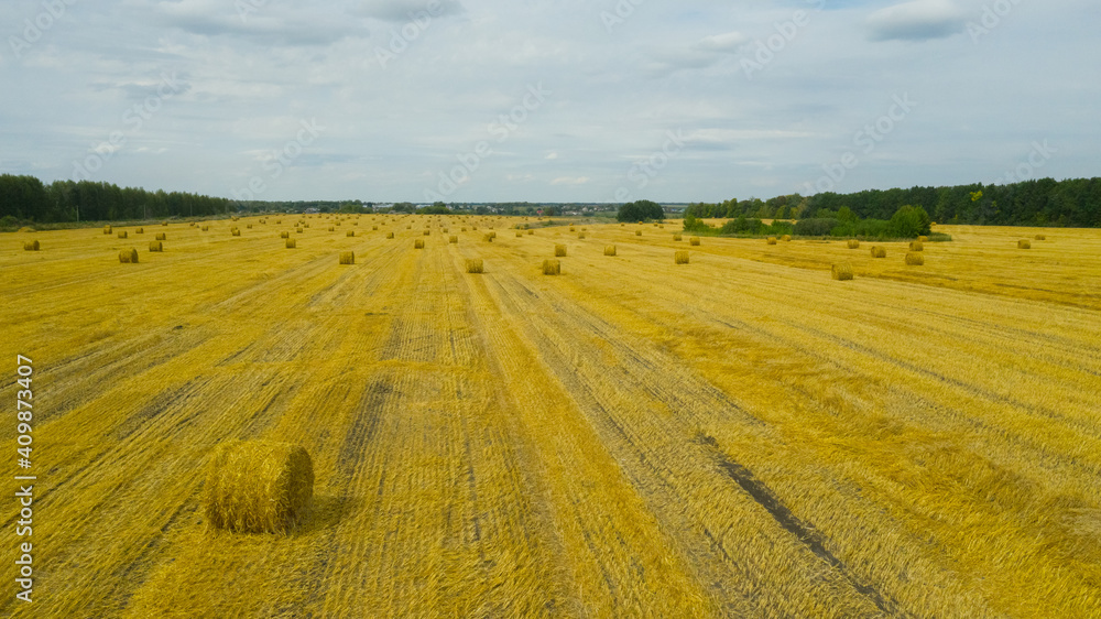 Aerial over rural countryside drone motion haystacks harvested field wheat straw. Harvesting hay, after mowing is formed into stack for storage. Sunny summer day. Aerial over rural countryside drone motion haystacks harvested field wheat straw. Harvesting hay, after mowing is formed into stack for storage. Sunny summer day.