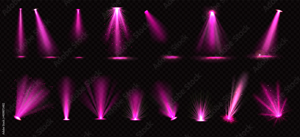 Pink light beams from spotlights and floor projectors isolated on transparent background. Vector realistic set of bright rays with glitter for illumination show, concert, theater stage or podium - obrazy, fototapety, plakaty 