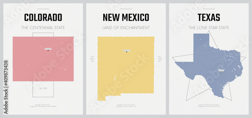Vector posters detailed silhouettes maps of the states of America with abstract linear pattern, Division Mountain and West South Central - Colorado, New Mexico, Texas - set 13 of 17