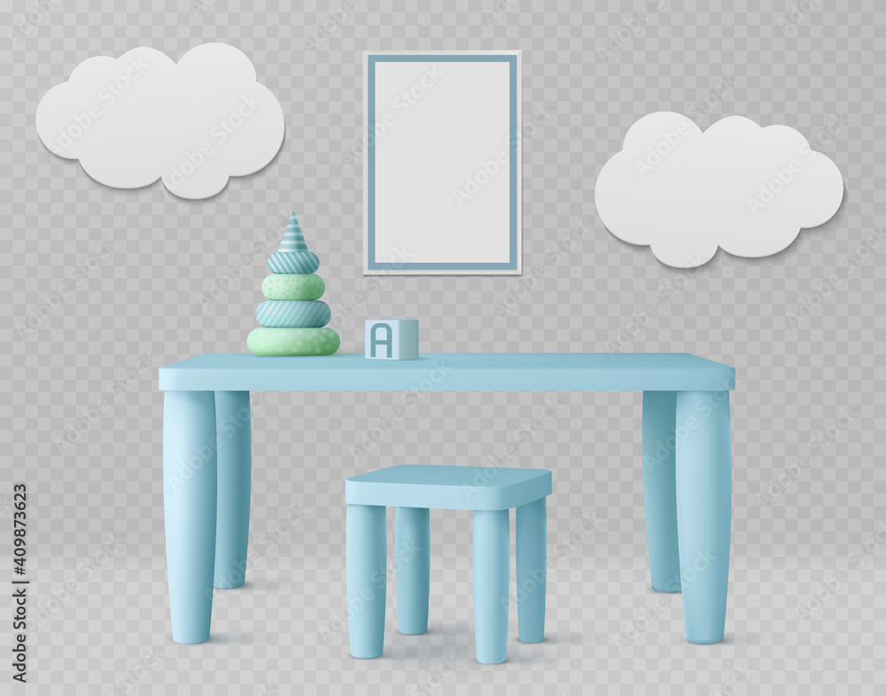 Child room with kids table, chair, white poster and clouds on wall. Vector realistic set of furniture for playroom or kindergarten, blue desk with pyramid toy isolated on transparent background Child room with kids table, chair, white poster and clouds on wall. Vector realistic set of furniture for playroom or kindergarten, blue desk with pyramid toy isolated on transparent background