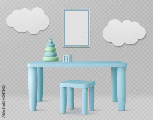 Child room with kids table, chair, white poster and clouds on wall. Vector realistic set of furniture for playroom or kindergarten, blue desk with pyramid toy isolated on transparent background