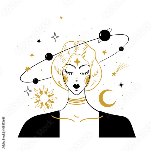 Mystical hand drawing in vintage style. Portrait of a girl with flying stars and planets around. The concept of meditation and balance, spiritual calmness. Vector illustration isolated on white