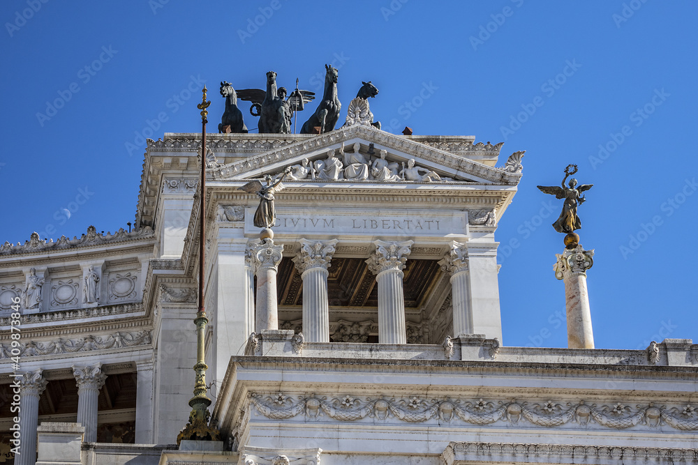 Architectural fragment of Monument to Victor Emmanuel II. National Monument to Victor Emmanuel II (Altare della Patria) built in honour of Victor Emmanuel - first king of a unified Italy. Rome. Italy.
