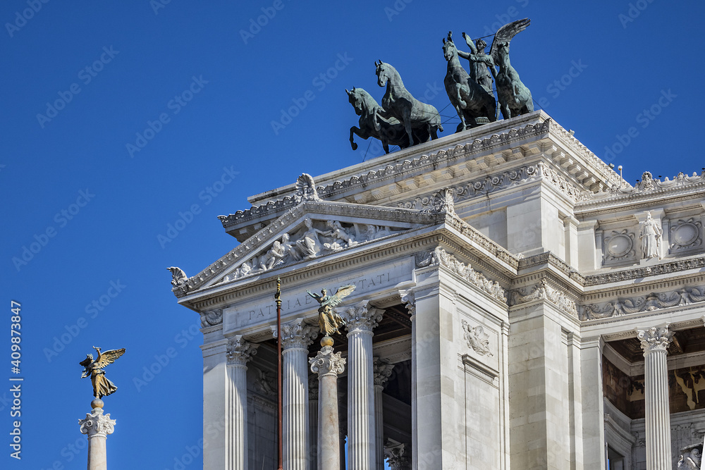 Architectural fragment of Monument to Victor Emmanuel II. National Monument to Victor Emmanuel II (Altare della Patria) built in honour of Victor Emmanuel - first king of a unified Italy. Rome. Italy.