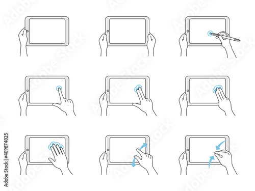 タブレットPCを操作する手のイラストセット