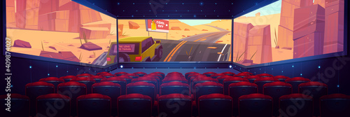 Movie theater, cinema hall with three-sided panoramic screen and rows of red seats. Vector cartoon interior of dark cinema auditorium, chair backs and 3d video with car on desert road on screen