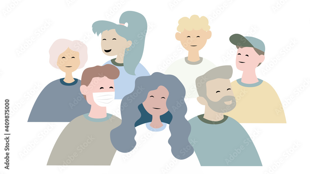 Group of comic people and man wearing medical mask illustration. Group of comic people and man wearing medical mask illustration.
