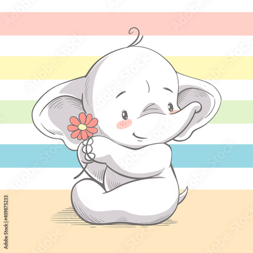 Vector illustration of a cute little elephant with flower, baby shower card in pastel colors.