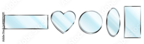 Mirrors in chrome frame in shape of circle, oval, heart and rectangle isolated on white background. Vector realistic set of glossy glass mirrors with metal border. Modern decoration for bathroom