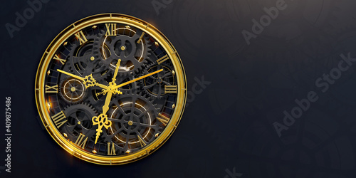 Golden black old clock close up at front view on dark background with cog wheel pattern. Design of my own. 3D illustration.