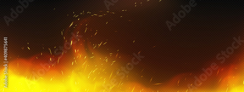 Realistic fire with smoke and weld sparks, flame isolated on transparent background. Burning campfire, blaze effect, glow orange and yellow shining flare with steam, 3d vector illustration, mock up