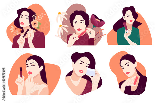 Set of woman illustrations for beauty, cosmetics, makeup, healthcare, fashion. Flat design vectors for graphic and web design, marketing material, product presentation, social media, textile design.
