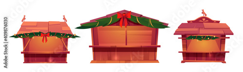 Christmas market stalls, wooden festival kiosks for sale food, gifts, tickets or souvenirs. Vector cartoon set of traditional fair booths with pine branches, red bows and lights garlands