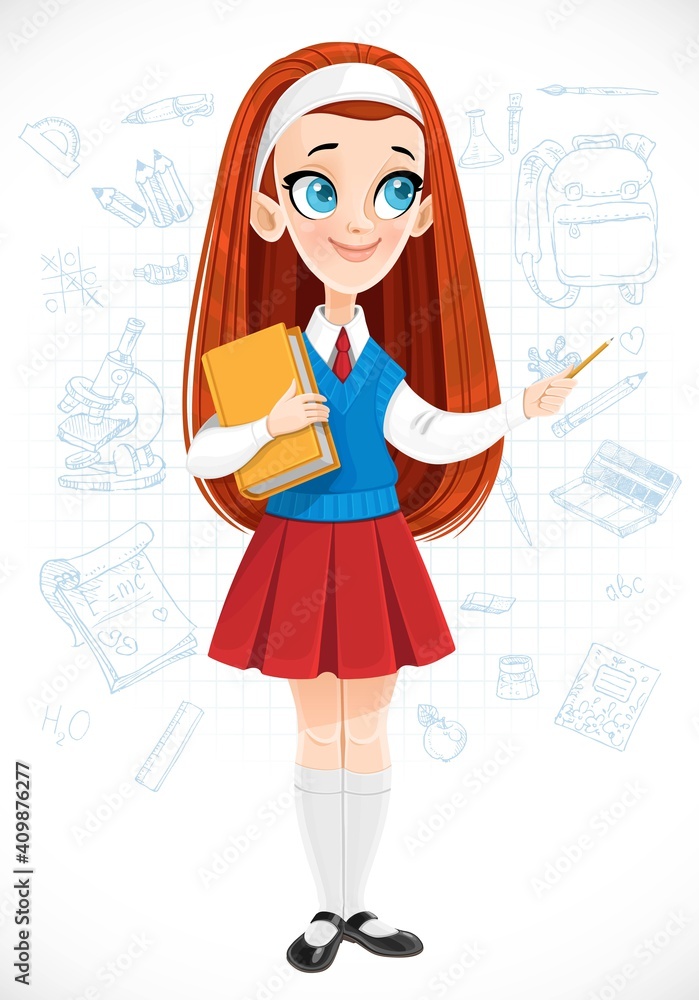 Cute redhaired schoolgirl holds book in her hand and points to the side with a pencil on a doodle background Cute redhaired schoolgirl holds book in her hand and points to the side with a pencil on a doodle background