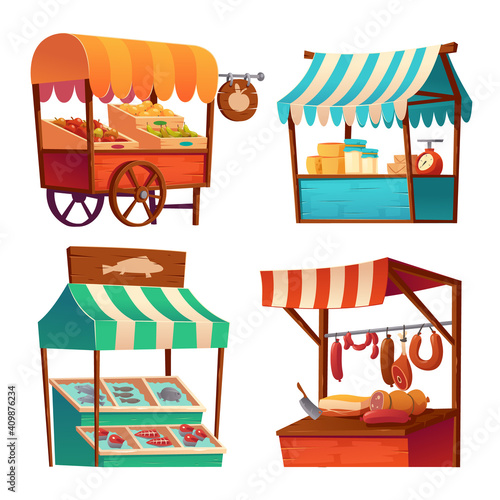 Market stalls, fair booths, wooden kiosk with striped awning and food products. Wood wheeled vendor counter with sunshade for street trading, outdoor retail place, isolated cartoon vector icons set
