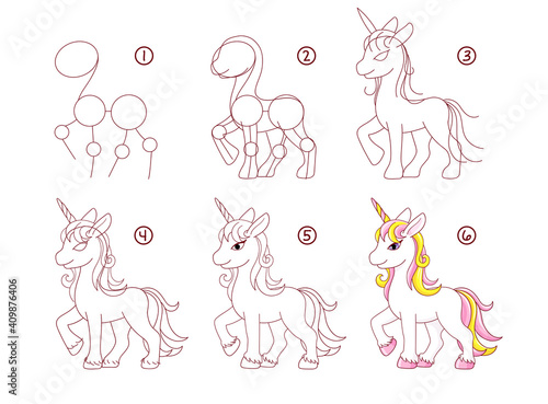Step by step drawing of cute cartoon unicorn