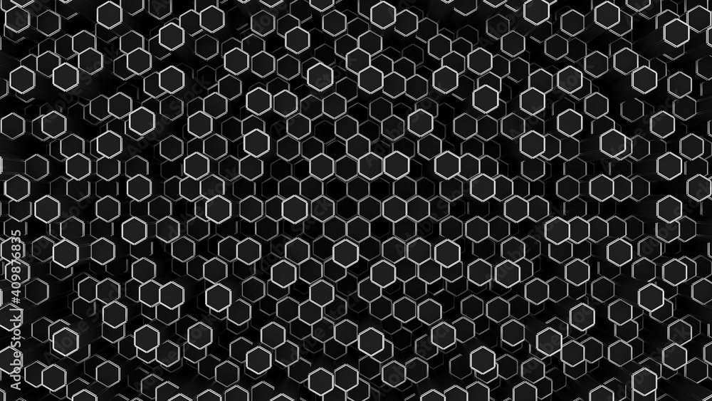 Black hexagonal abstract background. Geometric simple objects. Hexagonal columns. 3d rendering. Sci-fi illustration. High resolution.