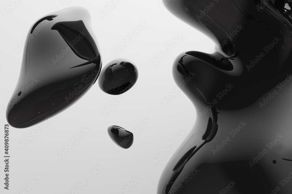 Obraz premium Abstract black liquid drops splashing on a white background - illustration, computer generated 3D rendered image