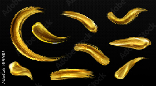 Gold brush strokes, liquid golden paint smears. Vector realistic set of yellow metal texture stains. Hand drawing of shiny smudges, luxury design elements isolated on dark transparent background