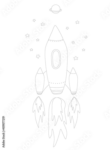 Cute Cartoon rocket in space - coloring book